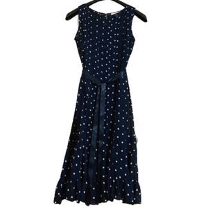 dressbarn Navy & White Sleeveless Polka Dot Pleated Dress w/ Waist Ribbon Tie